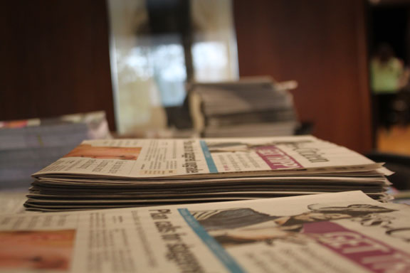 Newspapers at a photography competition at University of Iowa.