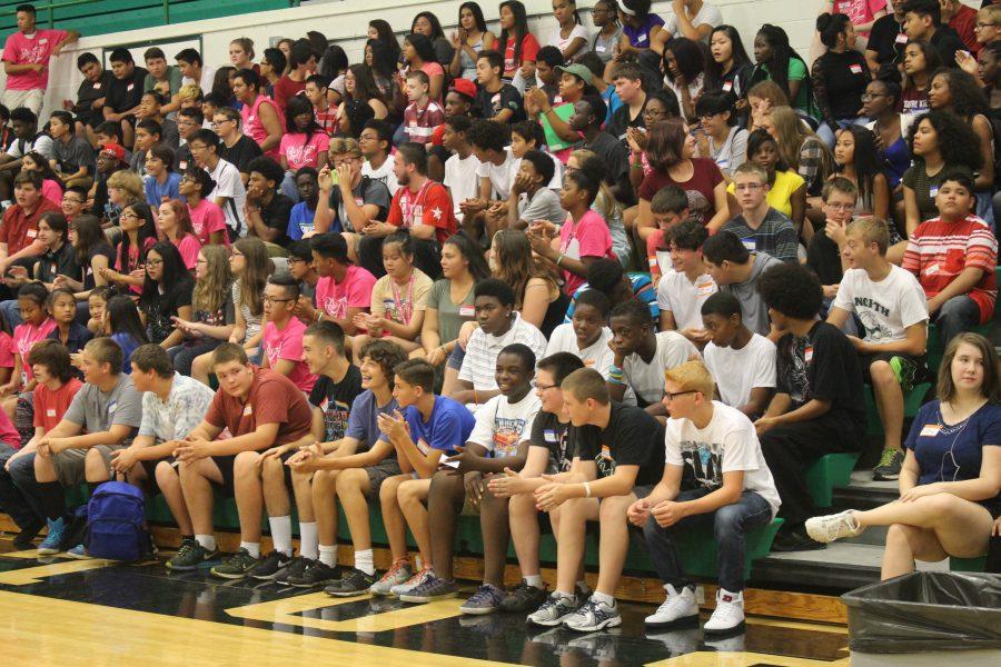 All the freshmen filled the bleachers at orientation on August 18, 2016.