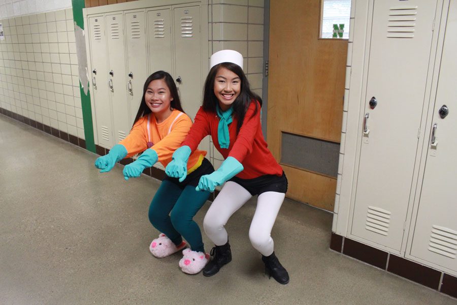 Senior Tina Ho dressed as Mermaid Man and junior Jasmine Inthabounh as Barnacle Boy, both riding in their invisible boat mobile from the hit TV show, Spongebob Squarepants for Super World Wednesday.