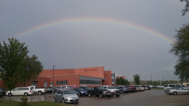 A rainbow shines over North on fall conference night in October.